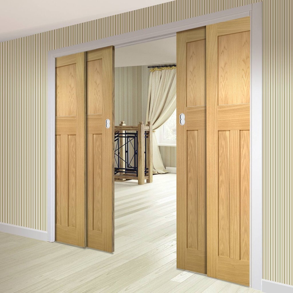 Cambridge Period Oak Veneer Staffetta Quad Telescopic Pocket Doors - Unfinished