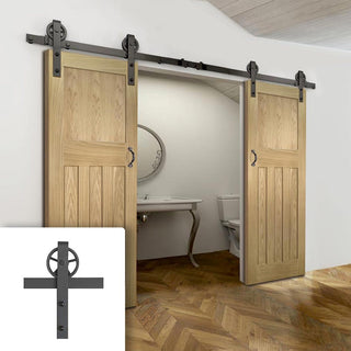Image: Double Sliding Door & Wagon Wheel Black Track - Cambridge Period Oak Door - Unfinished