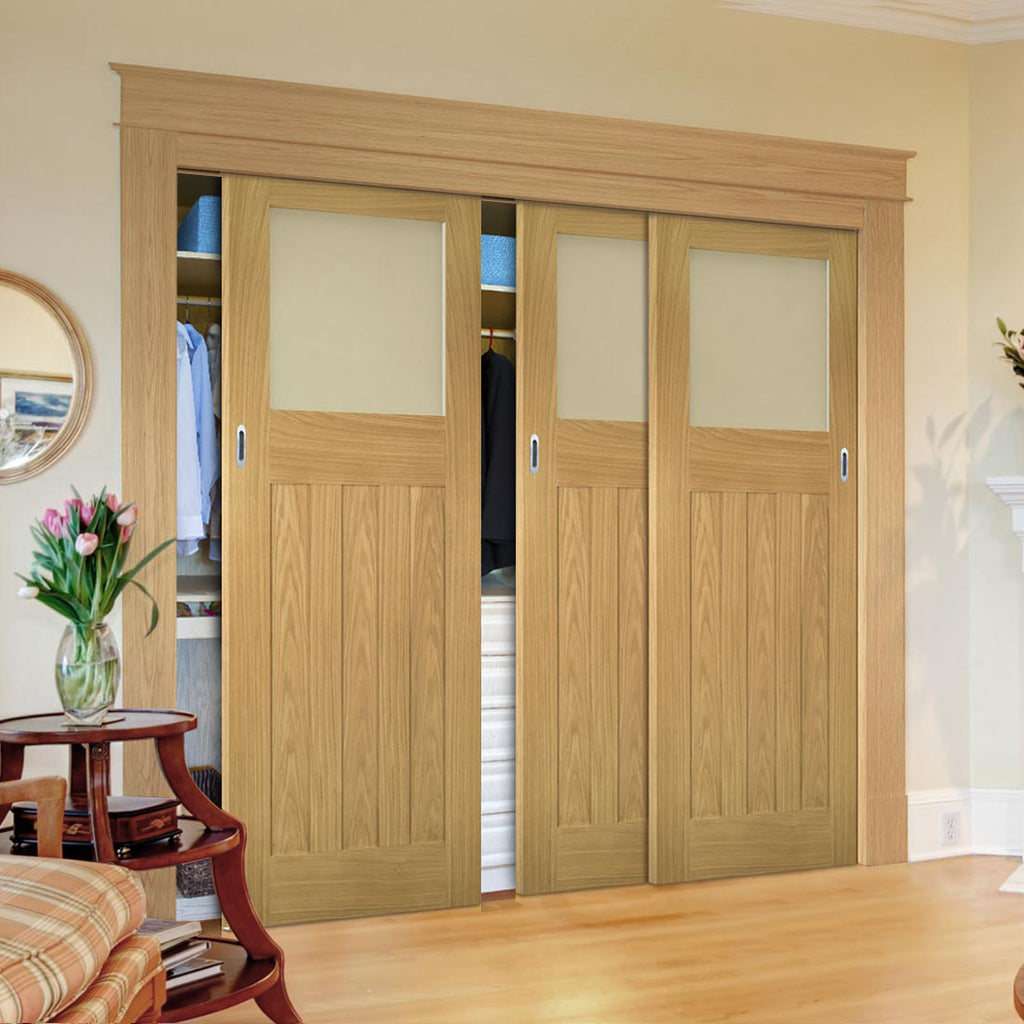 Three Sliding Maximal Wardrobe Doors & Frame Kit - Cambridge Period Oak Door - Frosted Glass - Unfinished