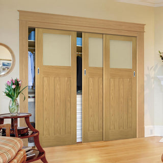 Image: Three Sliding Maximal Wardrobe Doors & Frame Kit - Cambridge Period Oak Door - Frosted Glass - Unfinished