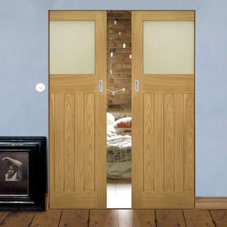 Image: Cambridge Period Oak Absolute Evokit Double Pocket Doors - Frosted Glass - Unfinished