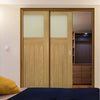 Cambridge Period Oak Veneer Staffetta Twin Telescopic Pocket Doors - Frosted Glass - Unfinished