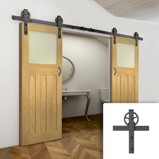 Image: Double Sliding Door & Wagon Wheel Black Track - Cambridge Period Oak Door - Frosted Safety Glass - Unfinished