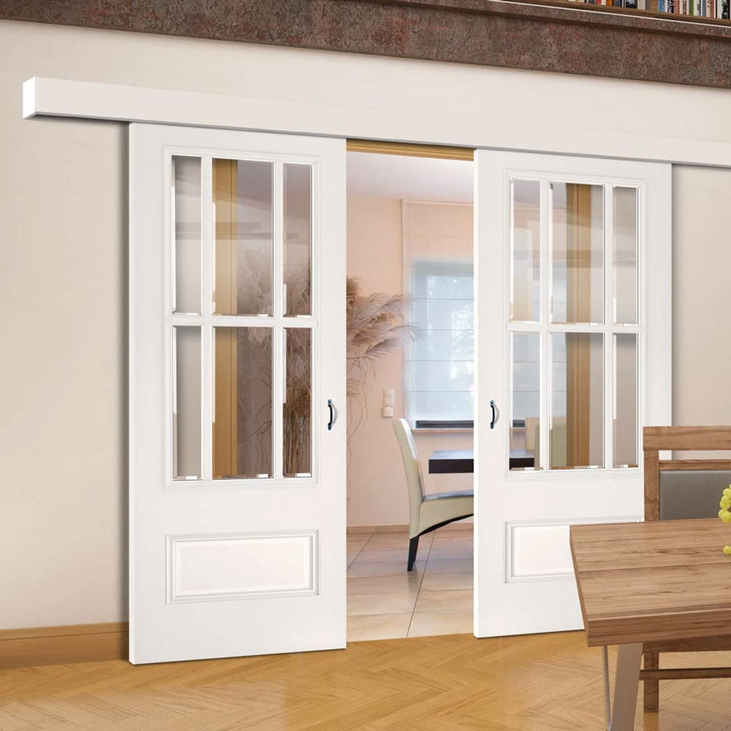 Double Sliding Door & Wall Track - Canterbury White Primed Door - Clear Bevelled Glass