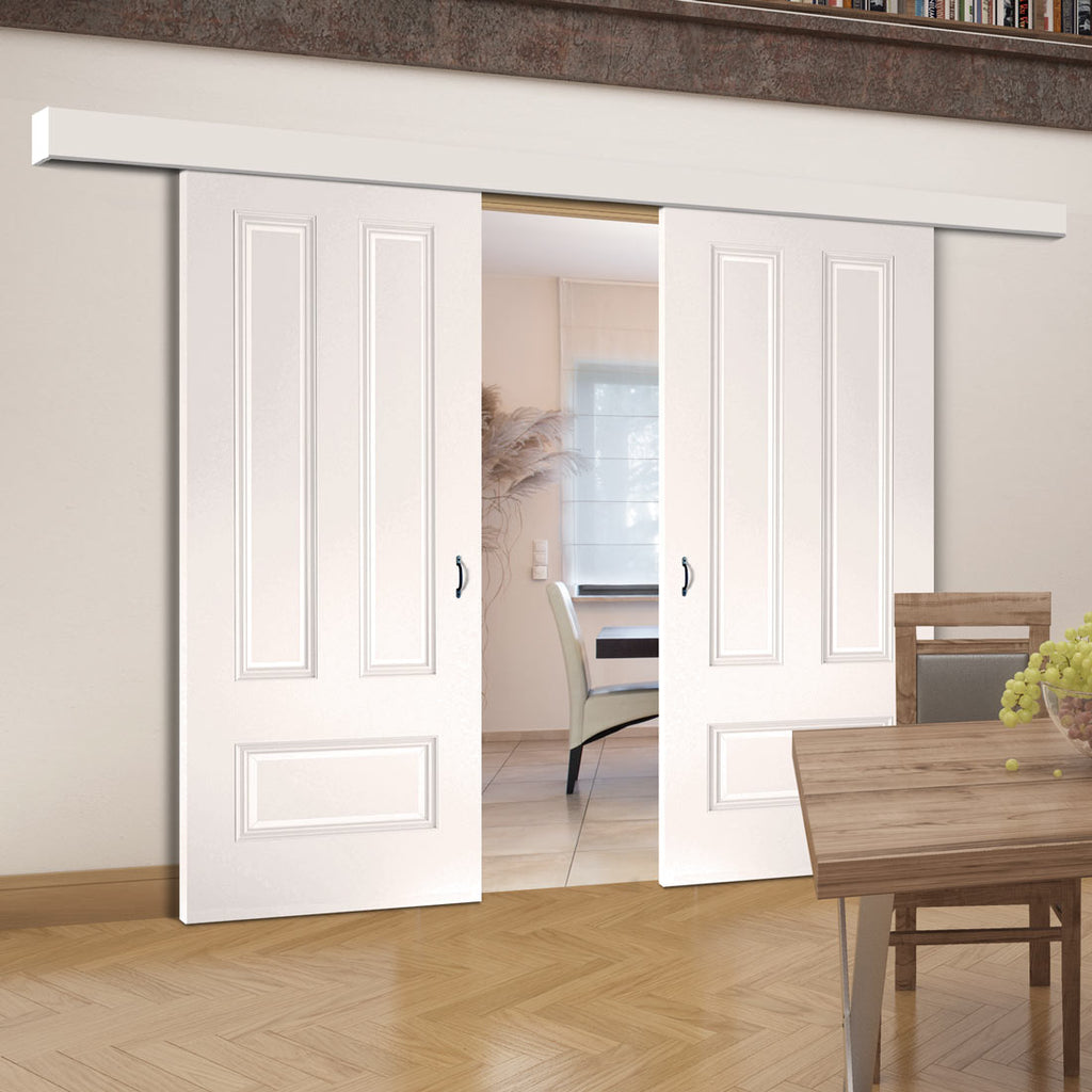 Double Sliding Door & Wall Track - Canterbury White Primed Panel Door