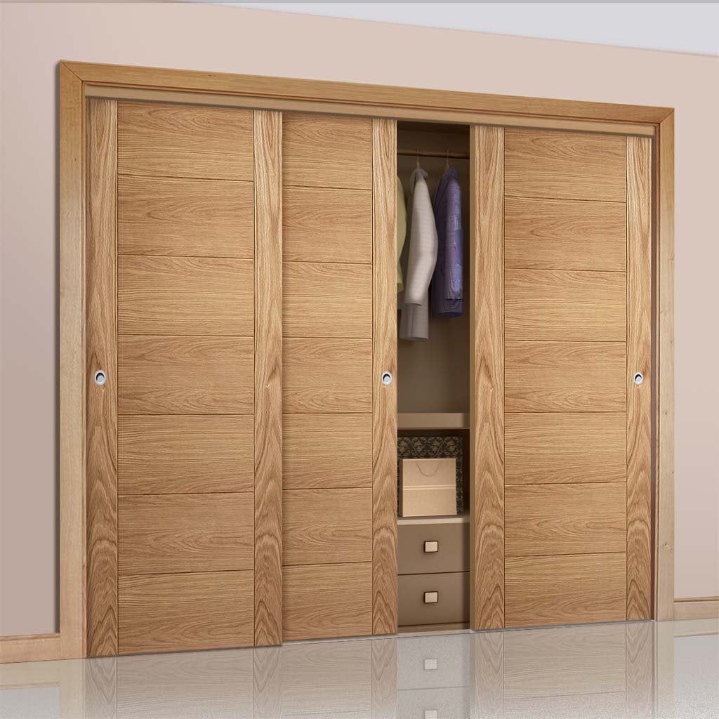 Bespoke Carini 7 Panel Oak Flush Door - 3 Door Wardrobe and Frame Kit - Prefinished