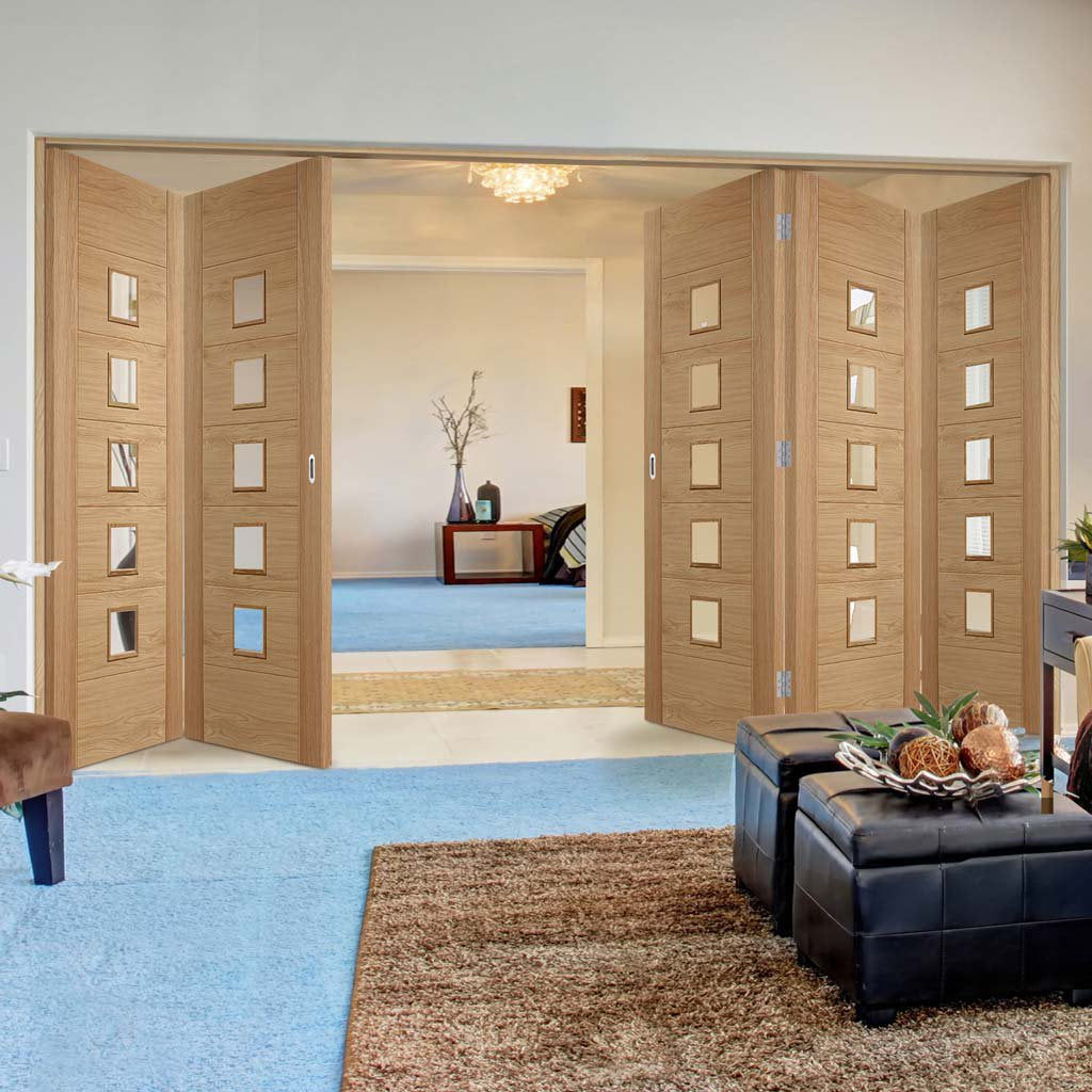 Five Folding Doors & Frame Kit - Carini 5 Pane Oak 3+2 - Clear Glass - Prefinished