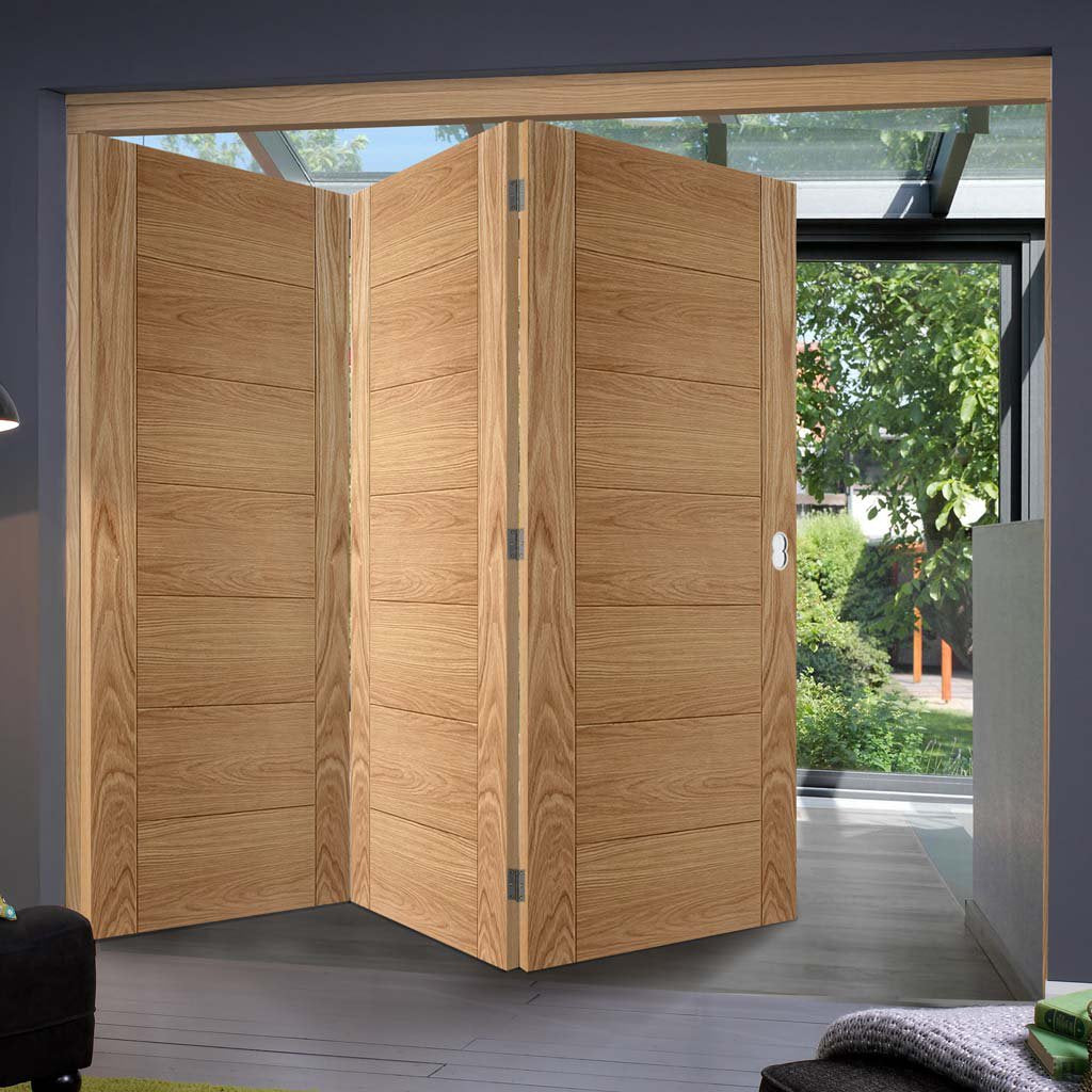Three Folding Doors & Frame Kit - Carini 7 Panel Flush Oak 3+0 - Prefinished