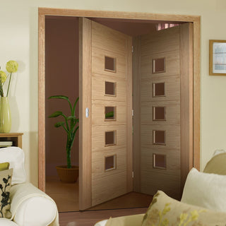 Image: Two Folding Doors & Frame Kit - Carini 5L Oak 2+0 - Clear Glass - Prefinished