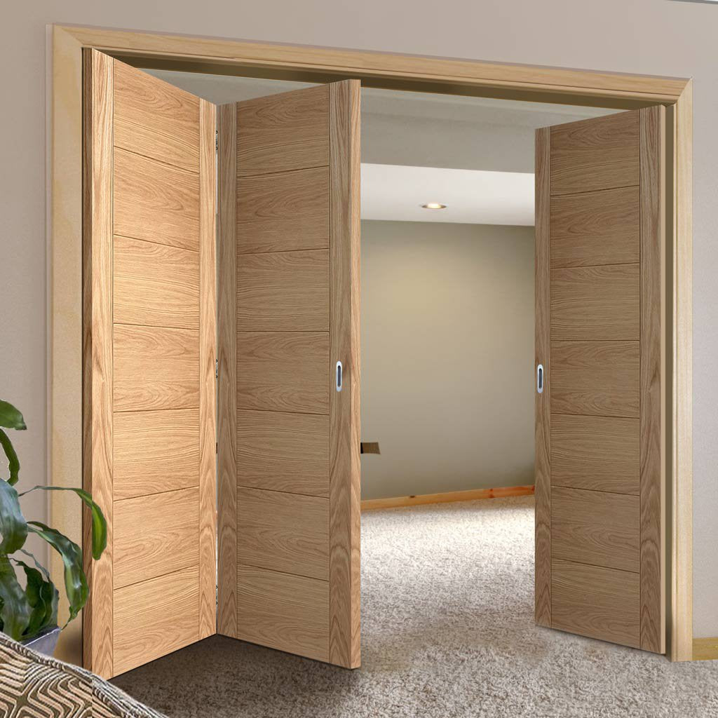 Three Folding Doors & Frame Kit - Carini 7 Panel Flush Oak 2+1 - Prefinished