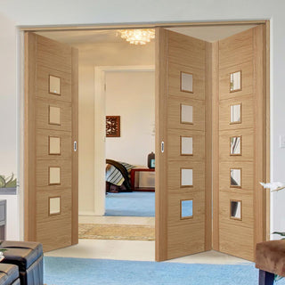 Image: Three Folding Doors & Frame Kit - Carini 5 Pane Oak 2+1 - Clear Glass - Prefinished