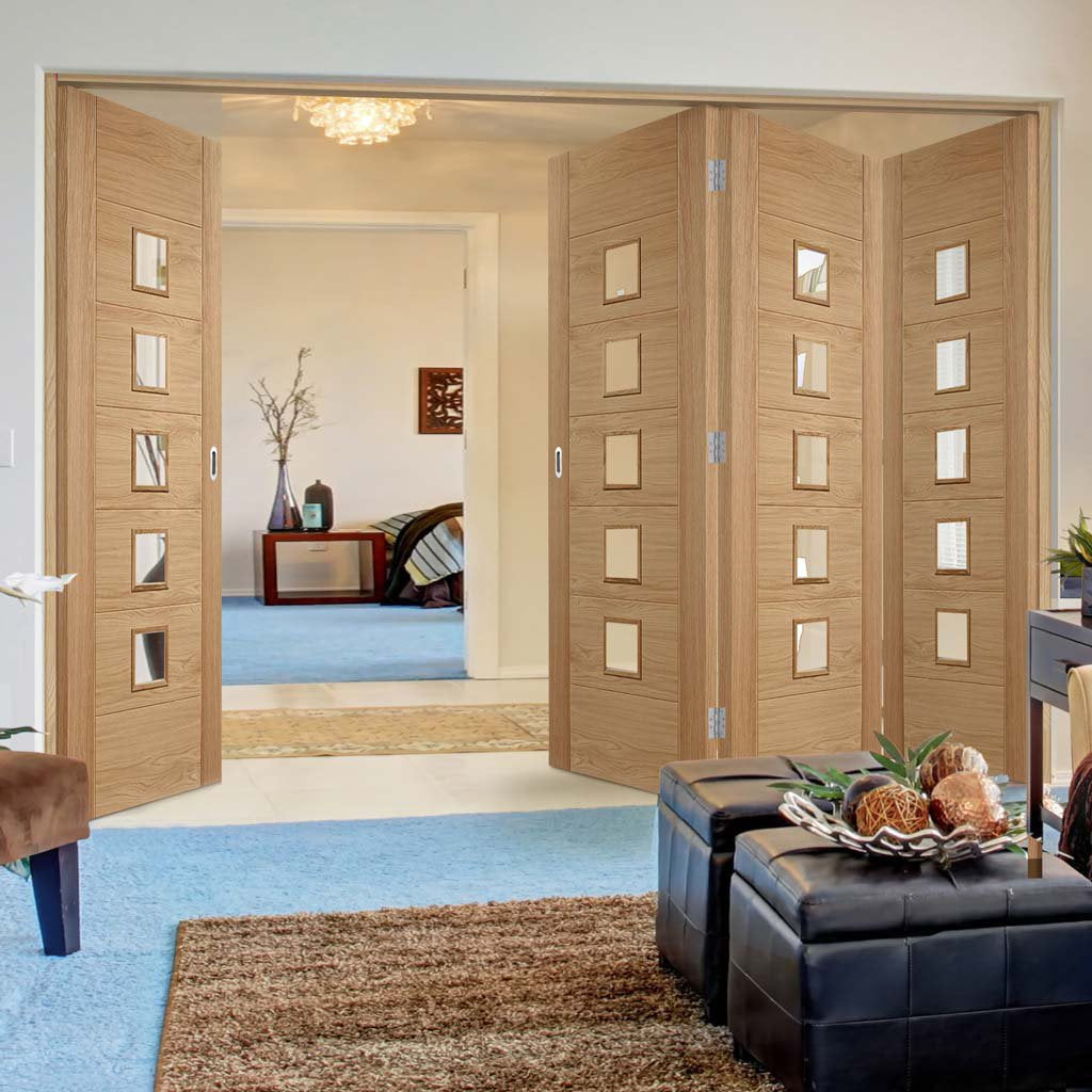 Four Folding Doors & Frame Kit - Carini 5 Pane Oak 3+1 - Clear Glass - Prefinished