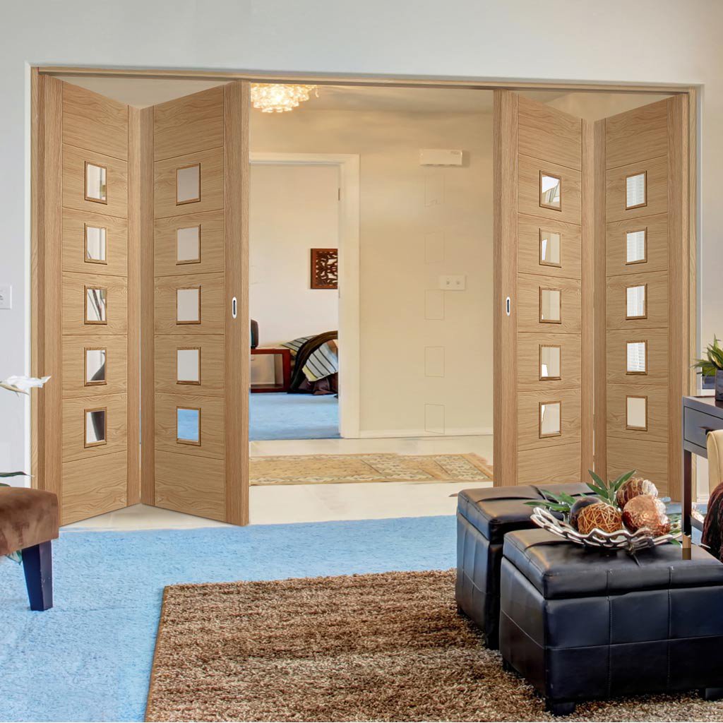 Four Folding Doors & Frame Kit - Carini 5 Pane Oak 2+2 - Clear Glass - Prefinished
