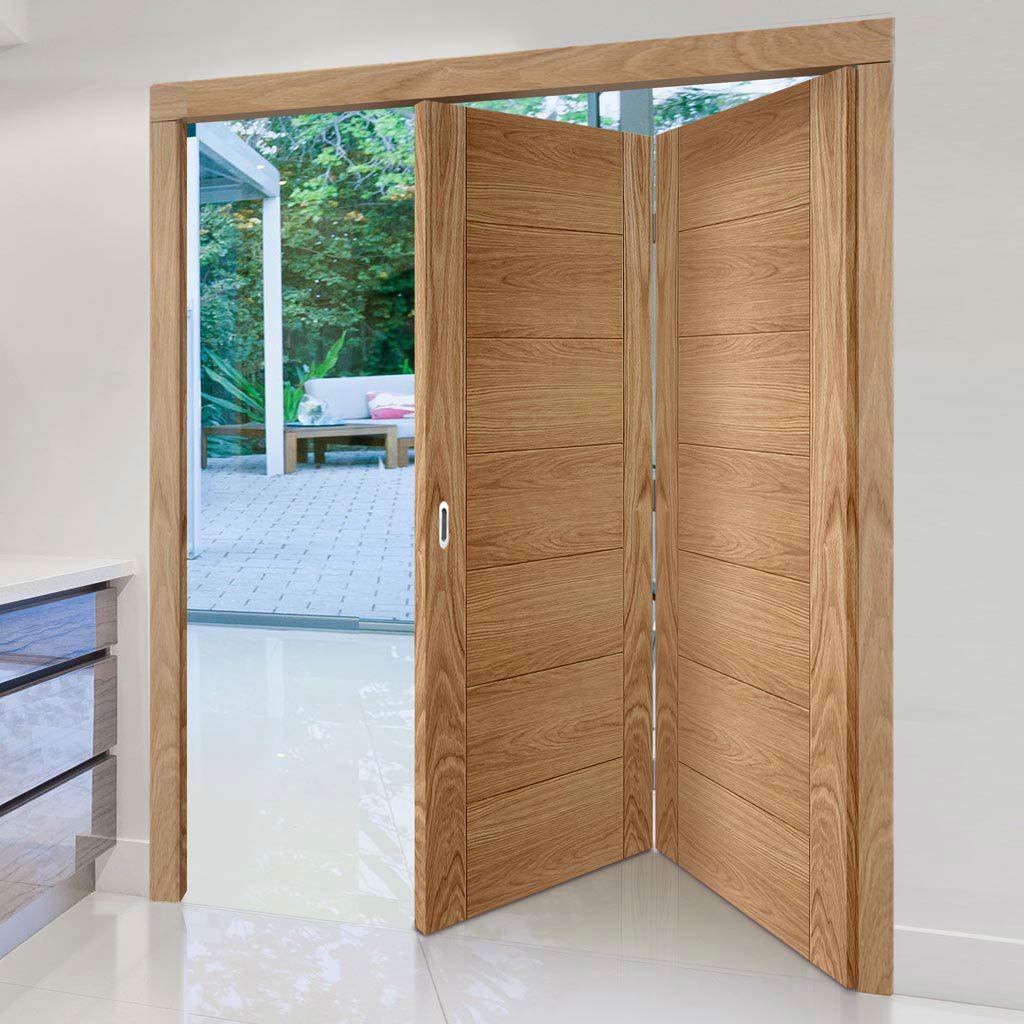 Two Folding Doors & Frame Kit - Carini 7 Panel Flush Oak 2+0 - Prefinished