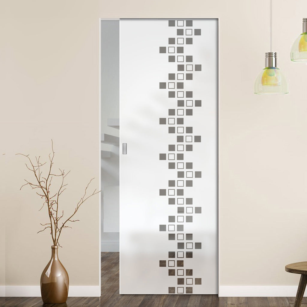 Carrington 8mm Obscure Glass - Clear Printed Design - Single Absolute Pocket Door