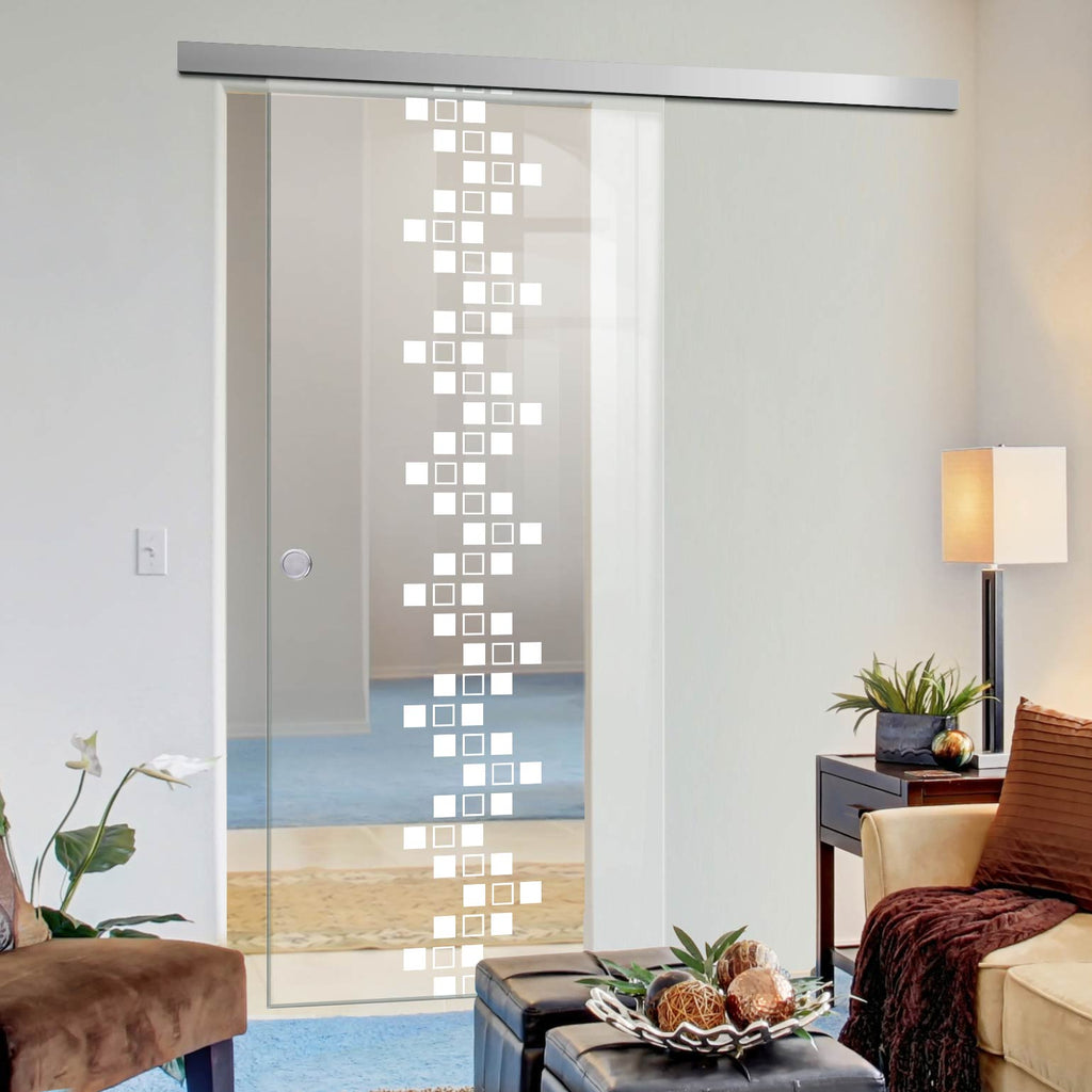 Single Glass Sliding Door - Carrington 8mm Clear Glass - Obscure Printed Design - Planeo 60 Pro Kit
