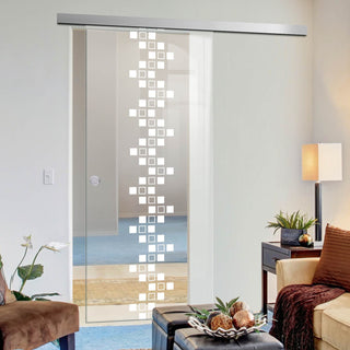 Image: Single Glass Sliding Door - Carrington 8mm Clear Glass - Obscure Printed Design - Planeo 60 Pro Kit