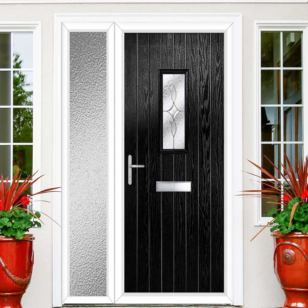 Cottage Style Catalina 1 Composite Front Door Set with Single Side Screen - Flair Glass - Shown in Black