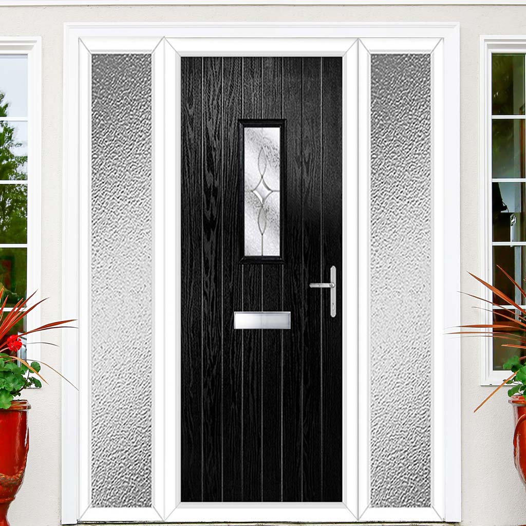 Cottage Style Catalina 1 Composite Front Door Set with Double Side Screen - Flair Glass - Shown in Black