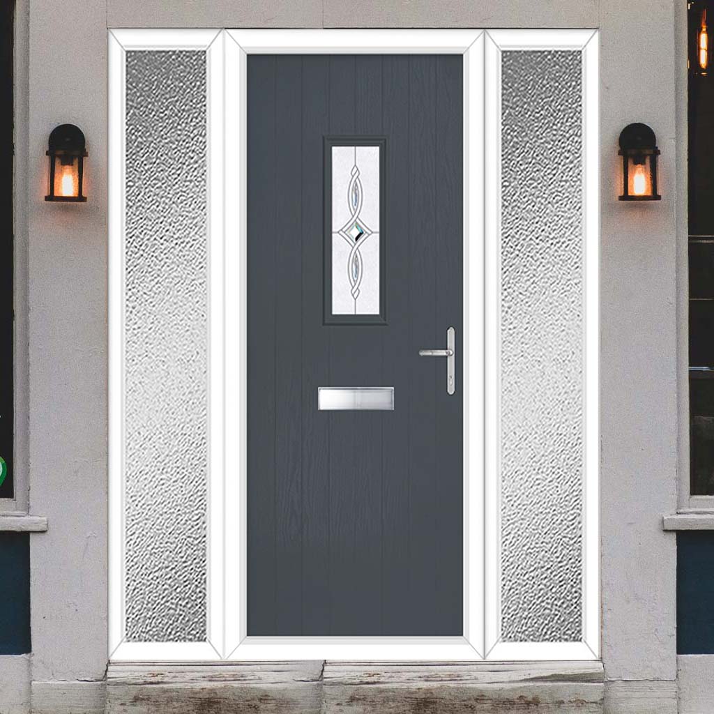 Cottage Style Catalina 1 Composite Front Door Set with Double Side Screen - Pusan Glass - Shown in Slate Grey