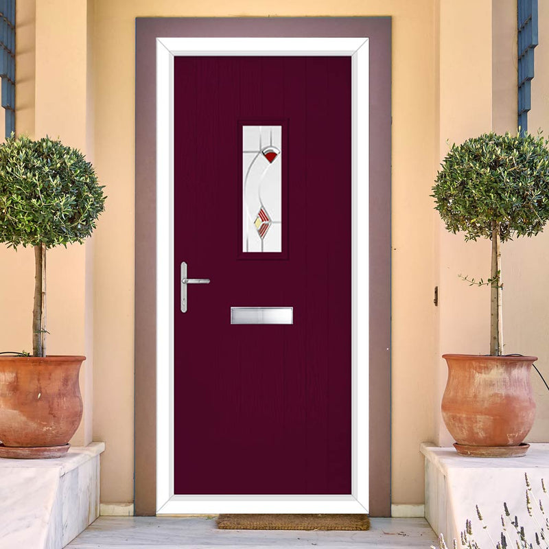 Cottage Style Catalina 1 Composite Front Door Set with Kupang Red Glass - Shown in Purple Violet