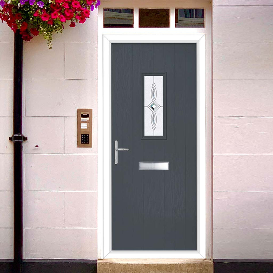 Cottage Style Catalina 1 Composite Front Door Set with Pusan Glass - Shown in Slate Grey