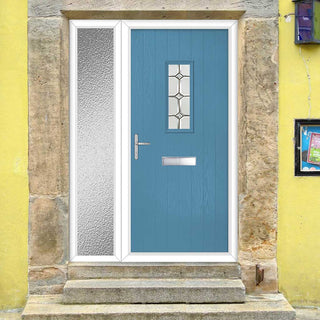 Image: Cottage Style Catalina 1 Composite Front Door Set with Single Side Screen - Mirage Glass - Shown in Pastel Blue