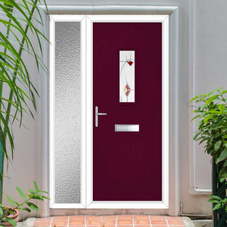 Image: Cottage Style Catalina 1 Composite Front Door Set with Single Side Screen - Kupang Red Glass - Shown in Purple Violet
