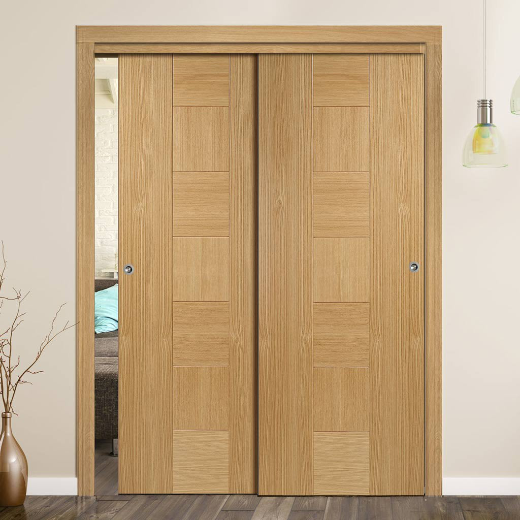 Two Sliding Doors and Frame Kit - Catalonia Flush Oak Door - Prefinished