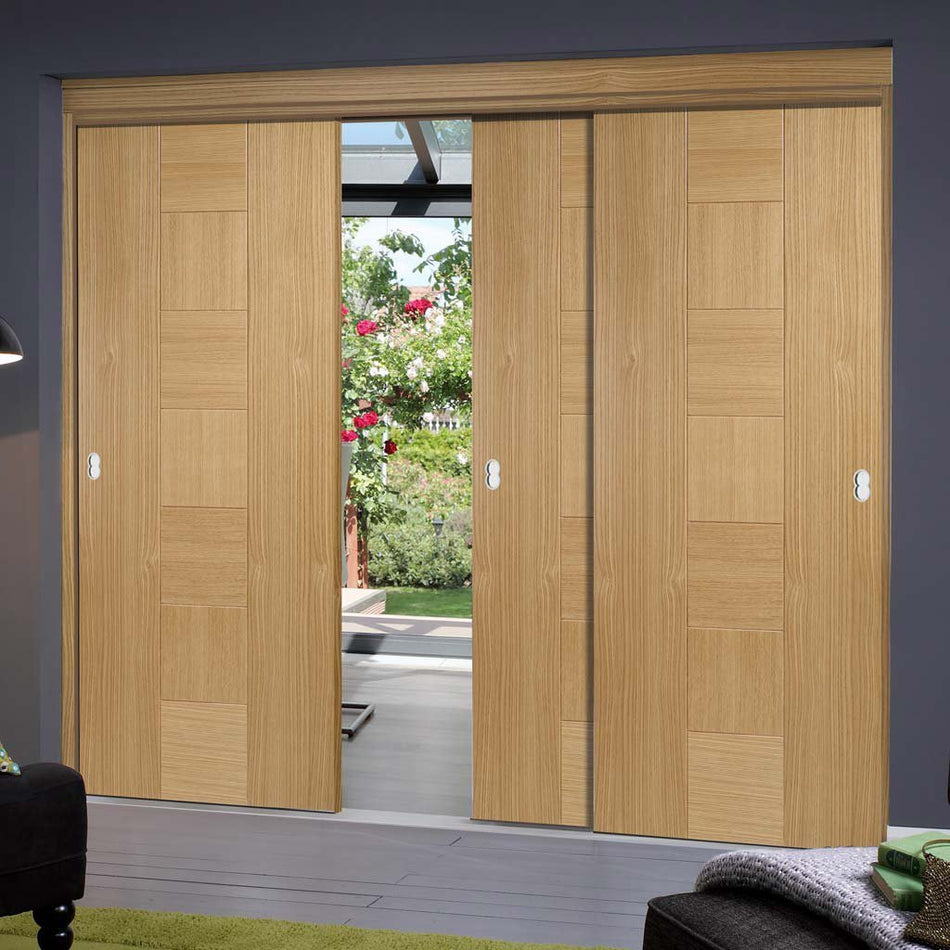 Bespoke Thruslide Catalonia Flush Oak Door - 3 Sliding Doors and Frame Kit - Prefinished
