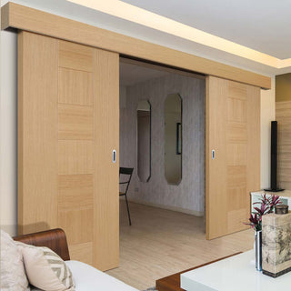 Image: Double Sliding Door & Wall Track - Catalonia Flush Oak Doors - Prefinished
