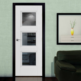 Image: J B Kind White Classic Catton Primed Door - Clear Glass