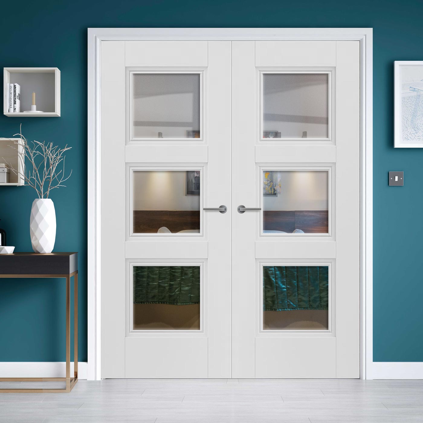 J B Kind White Classic Catton Primed Internal Door Pair - Clear Glass