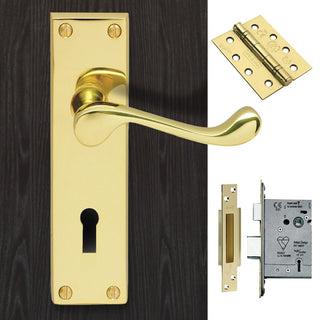 Image: CBS54 Victorian Scroll Suite Lever Lock Brass Handle Pack