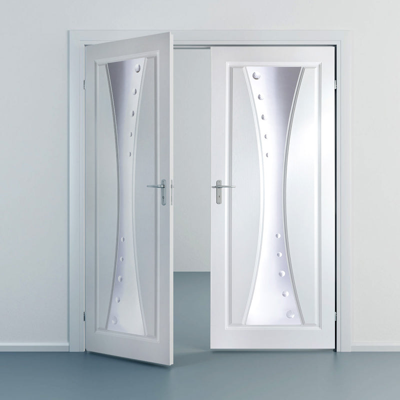 Gretna Lightly Grained Internal PVC Door Pair - Ceres Style Sandblasted Glass