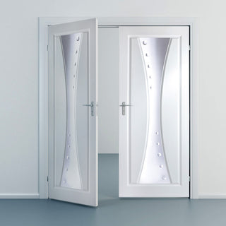 Image: Gretna Lightly Grained Internal PVC Door Pair - Ceres Style Sandblasted Glass