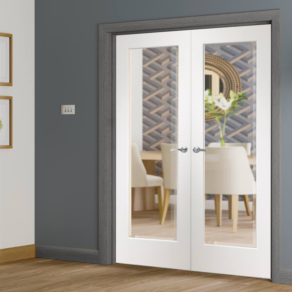 Simpli Double Door Set - Cesena White 1 Pane Door - Clear Bevelled Glass - Prefinished
