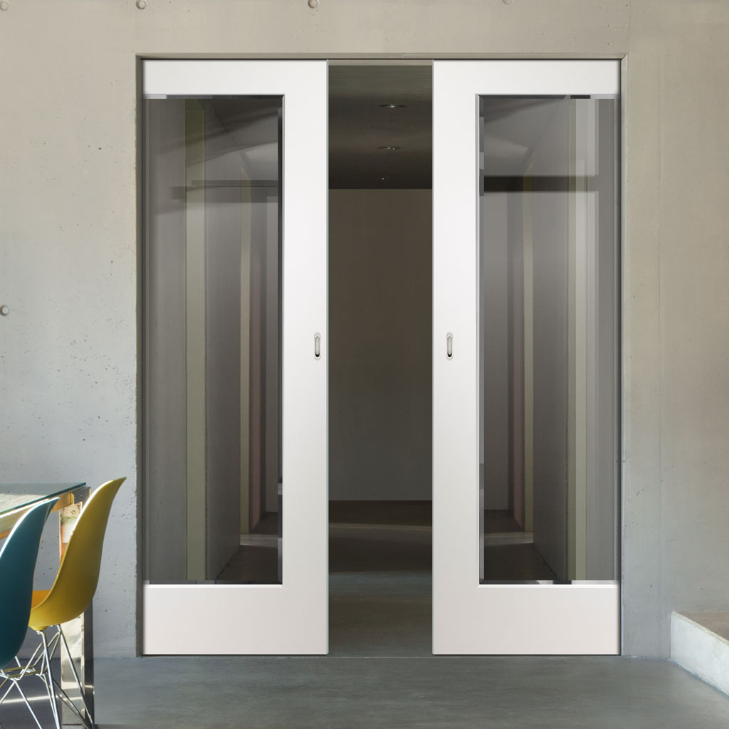 Cesena White 1 Pane Absolute Evokit Pocket Double Pocket Door - Clear Bevelled Glass - Prefinished