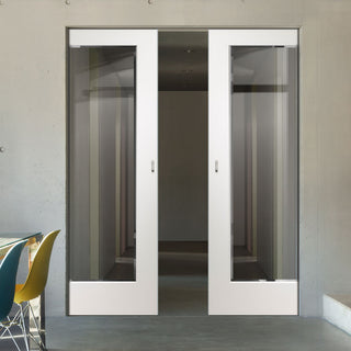 Image: Cesena White 1 Pane Absolute Evokit Pocket Double Pocket Door - Clear Bevelled Glass - Prefinished
