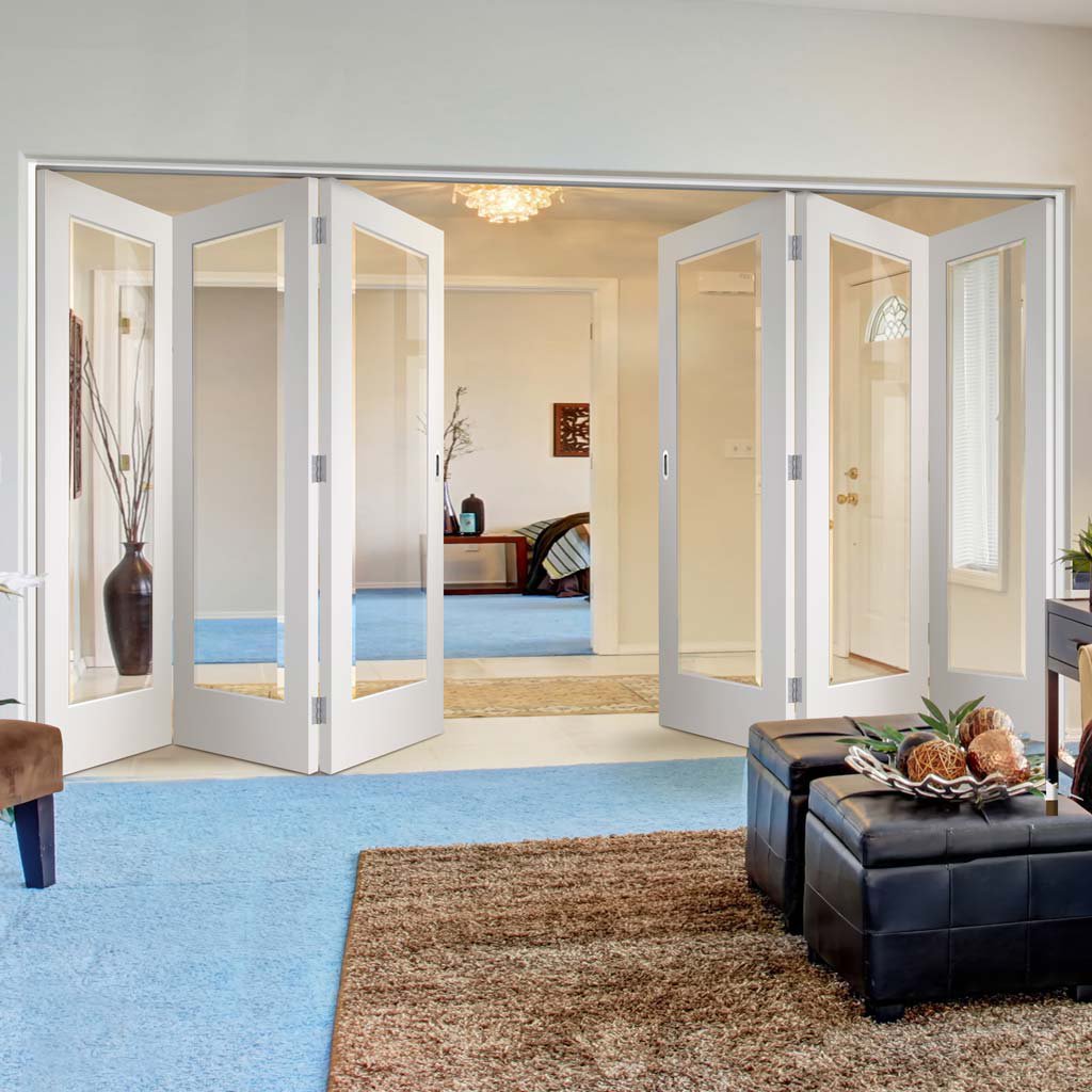Six Folding Doors & Frame Kit - Cesena White 1 Pane 3+3 - Clear Bevelled Glass - Prefinished