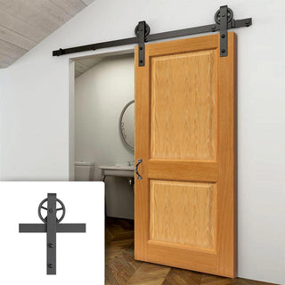 Image: Single Sliding Door & Wagon Wheel Black Track - Charnwood Oak Door - Prefinished