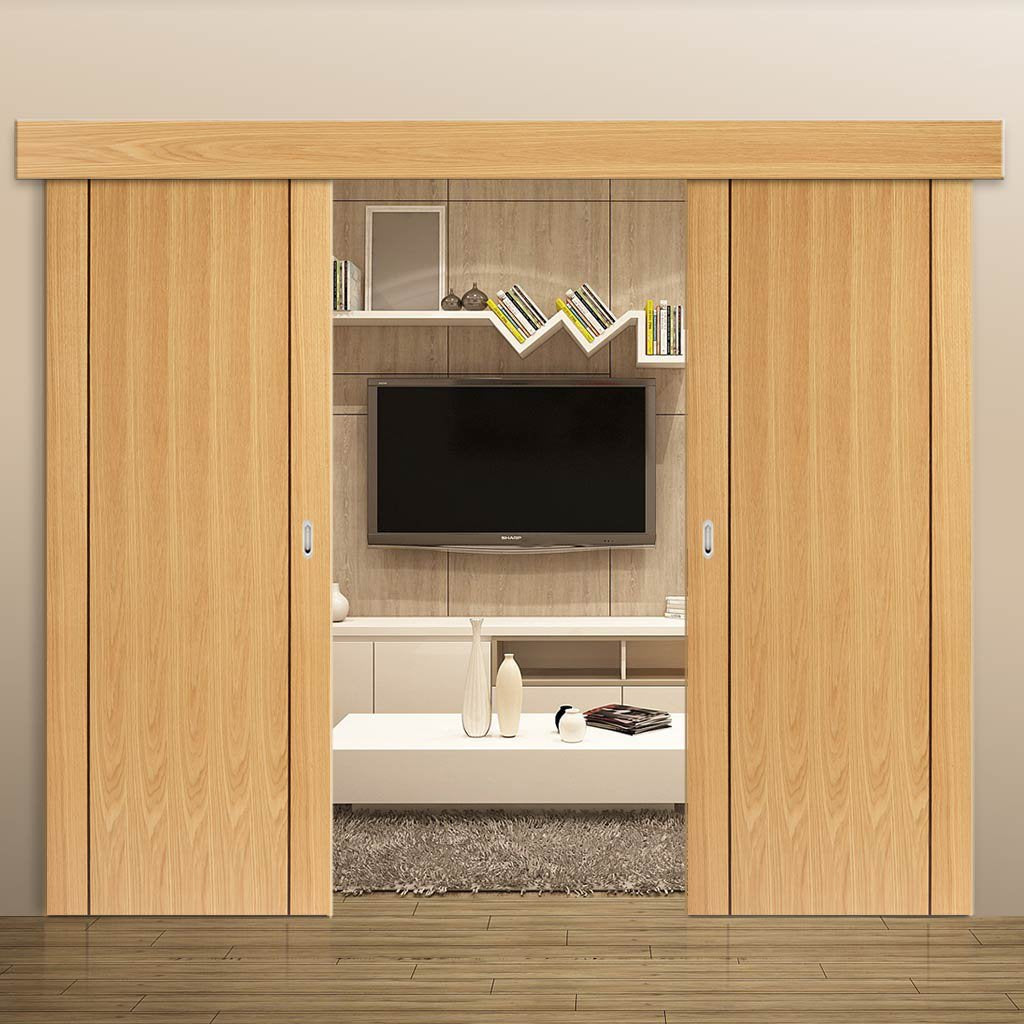 Double Sliding Door & Wall Track - Chartwell Flush Oak Doors - Prefinished
