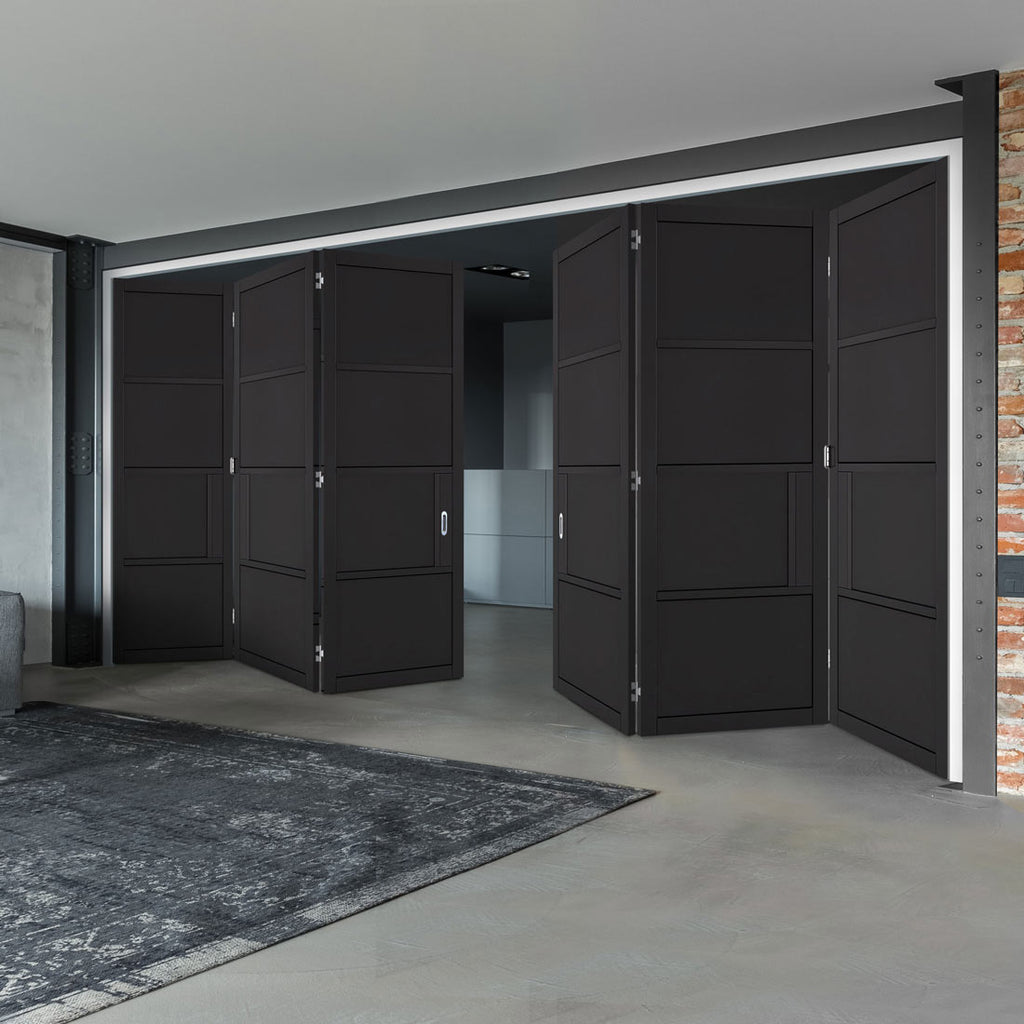 Six Folding Doors & Frame Kit - Chelsea 4 Panel 3+3 - Black Painted - Prefinished