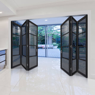 Image: Six Folding Doors & Frame Kit - Chelsea 4 Pane Black Primed 3+3 - Tinted Glass