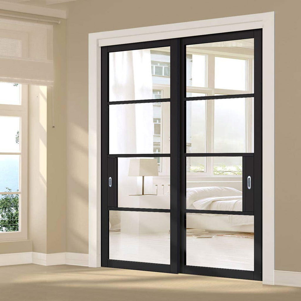 Pass-Easi Two Sliding Doors and Frame Kit - Chelsea 4 Pane Black Primed Door - Clear Glass