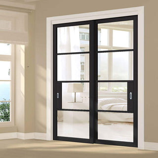 Image: Pass-Easi Two Sliding Doors and Frame Kit - Chelsea 4 Pane Black Primed Door - Clear Glass