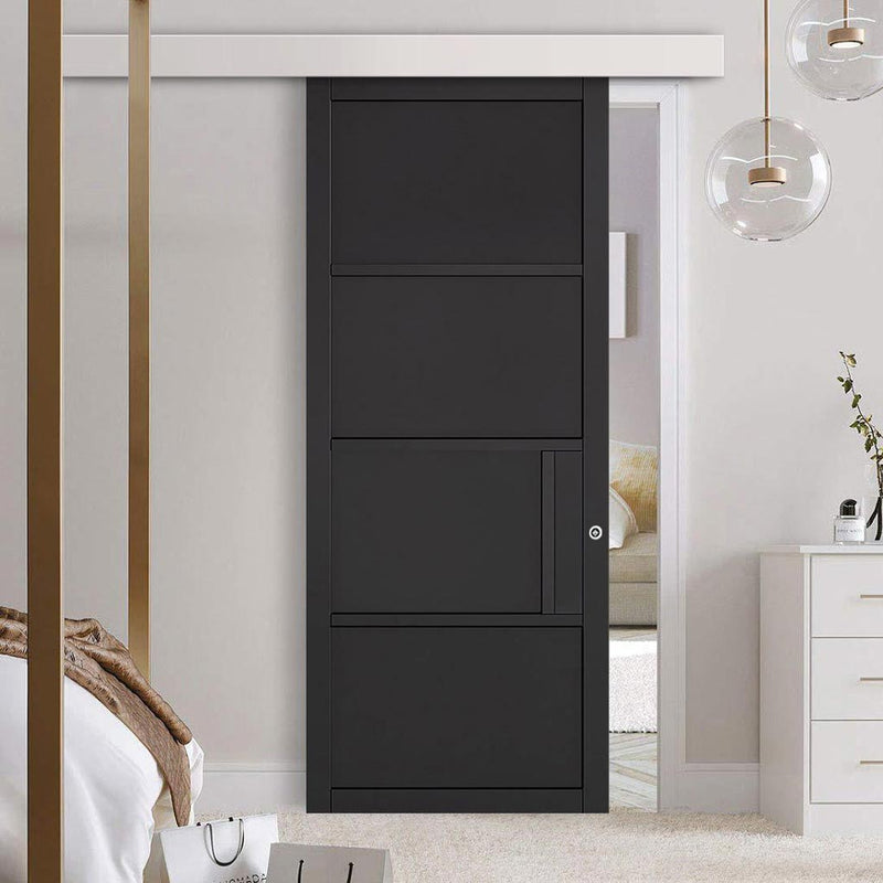 Single Sliding Door & Wall Track - Chelsea 4 Panel Black Painted Door - Prefinished