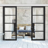 Double Sliding Door & Wall Track - Chelsea 4 Pane Black Primed Door - Clear Glass