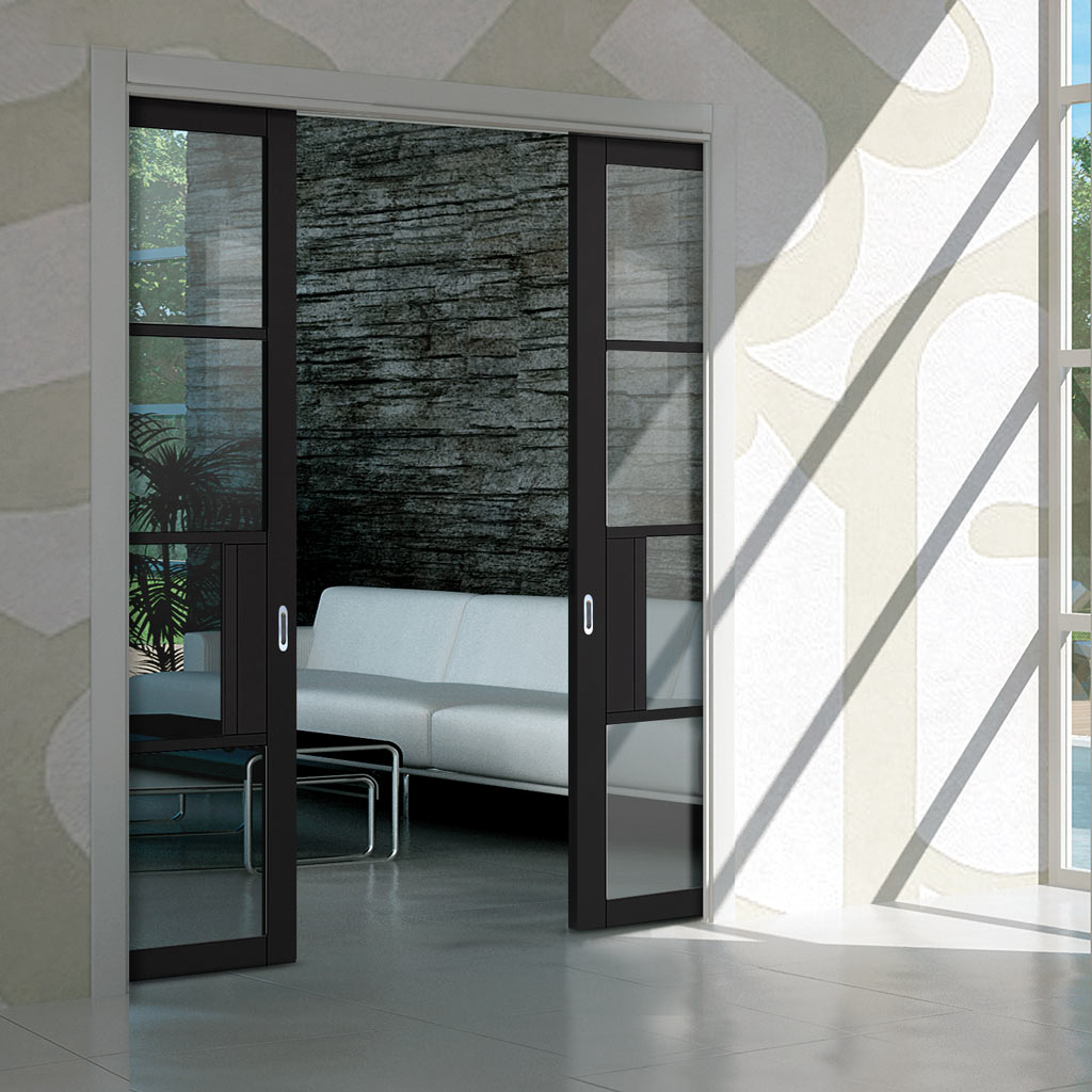 Chelsea 4 Pane Black Primed Double Evokit Pocket Doors - Clear Glass