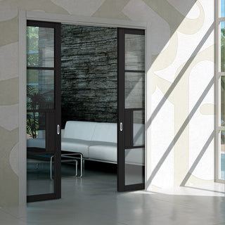 Image: Chelsea 4 Pane Black Primed Double Evokit Pocket Doors - Clear Glass